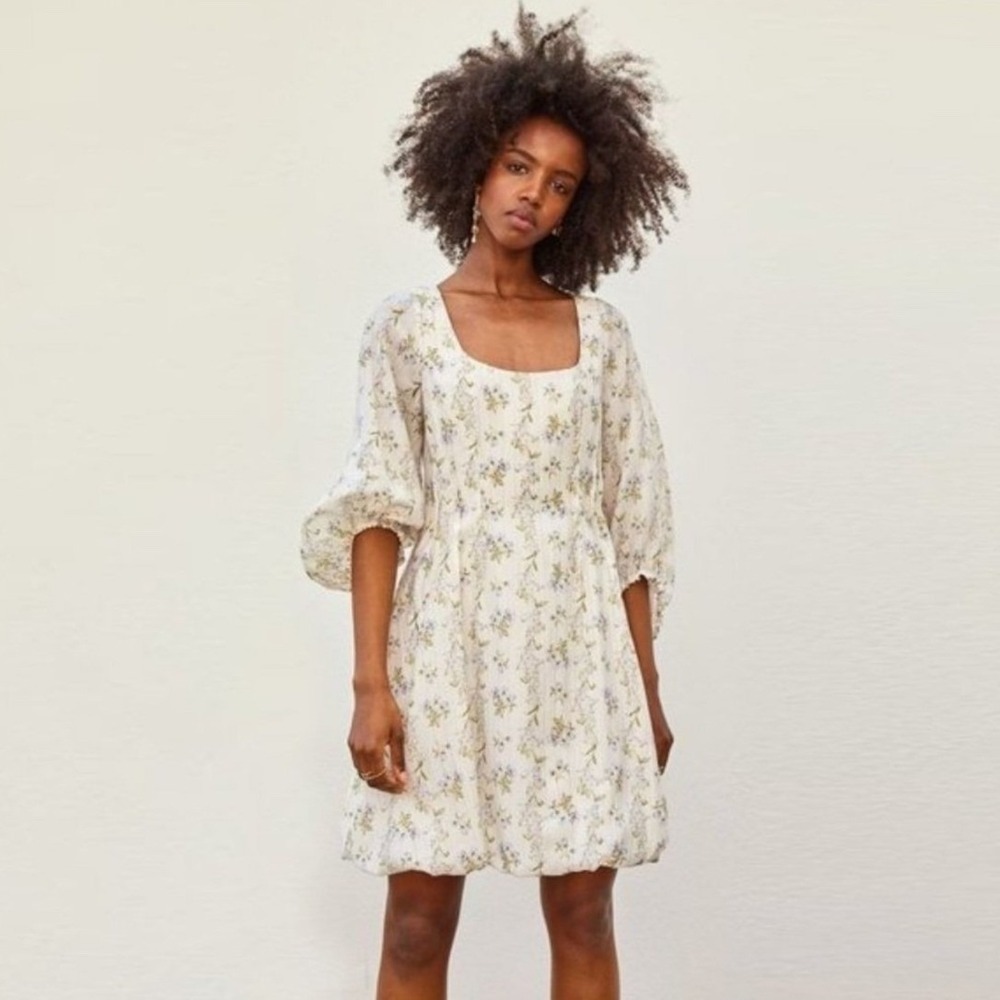Brock Collection‎ x H&M Floral Mini Dress Womens XL White Excellent Puff Sleeve